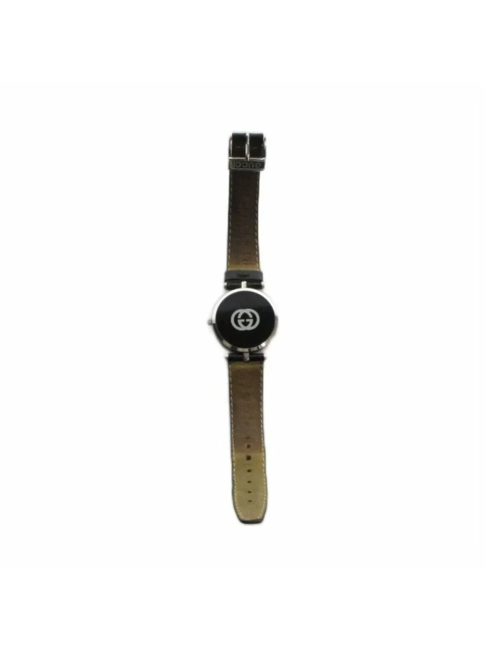 Gucci Watch Quartz Roman Black Dial Leather Strap Silver